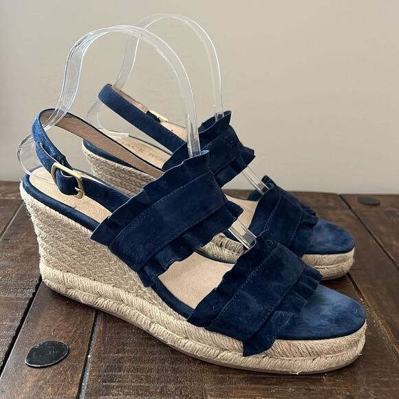Jack Rogers Wedge Espadrille Navy Blue Ruffle Double Strap Size 8.5 - Picture 1 of 12